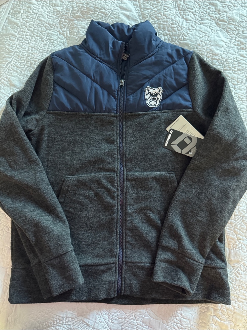 NWT Butler University women’s gray & navy fleece jacket, large